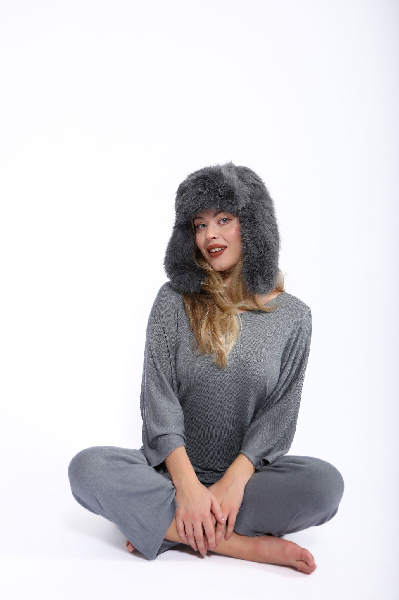 Verloop Faux Fur Fuzzy Knit Beanie Hat Vegan Furry Periwinkle