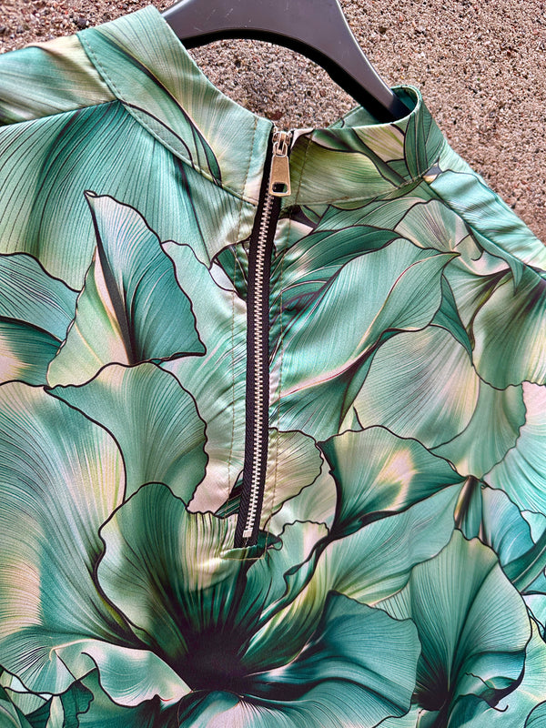 Satin Zip-up top - Ginkgo madness