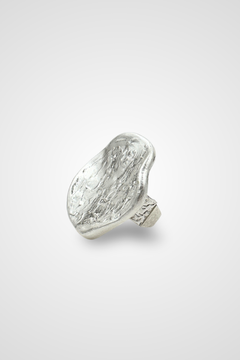 A silver colored ring with a top that looks like a coin