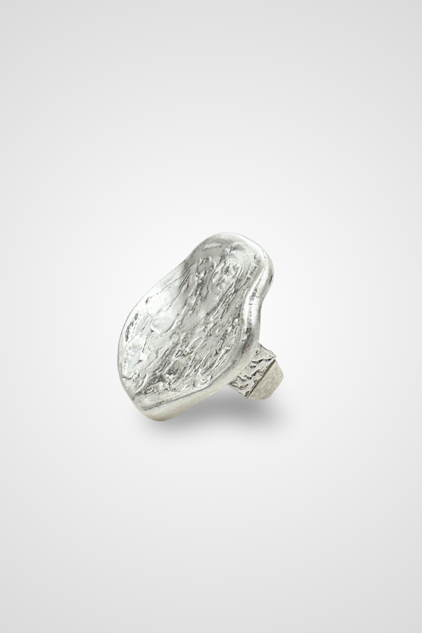 A silver colored ring with a top that looks like a coin